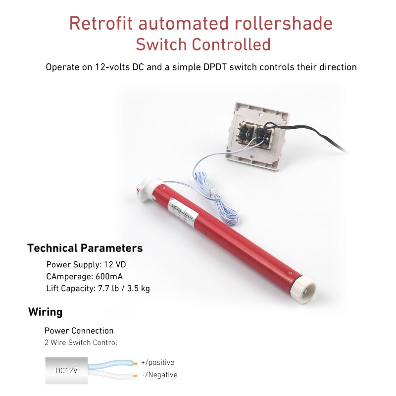 Rollerhouse 2 Wire Switch Controlled Motor Electric Roller Motor Hard Wired 12V DC Motors for RV Electric Roller Shade, Working for 1-3/16" Roller Tube - Image 3